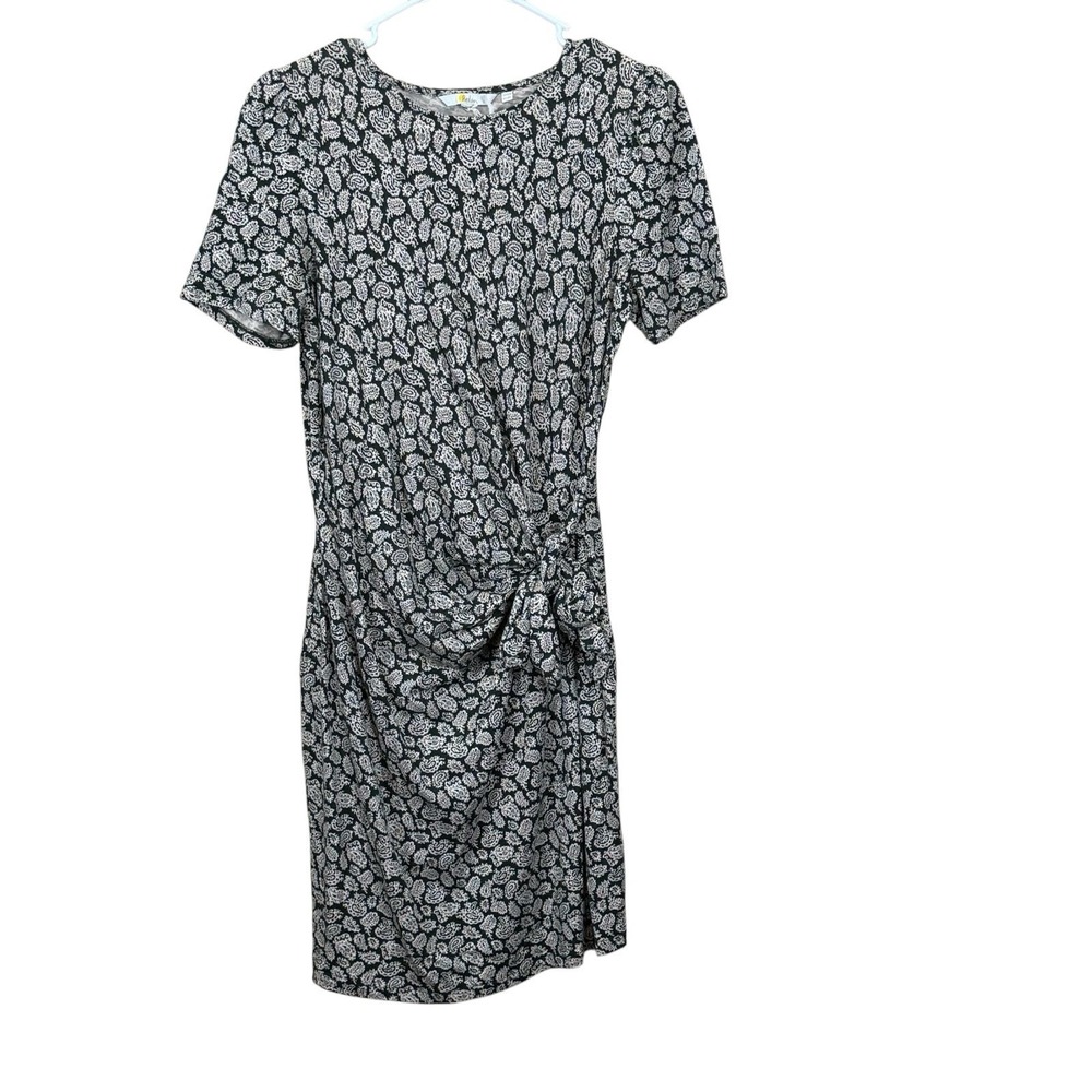 Boden Dress US 8R Black Beige Paisley Print Faux Wrap‎ Wide Side Ties